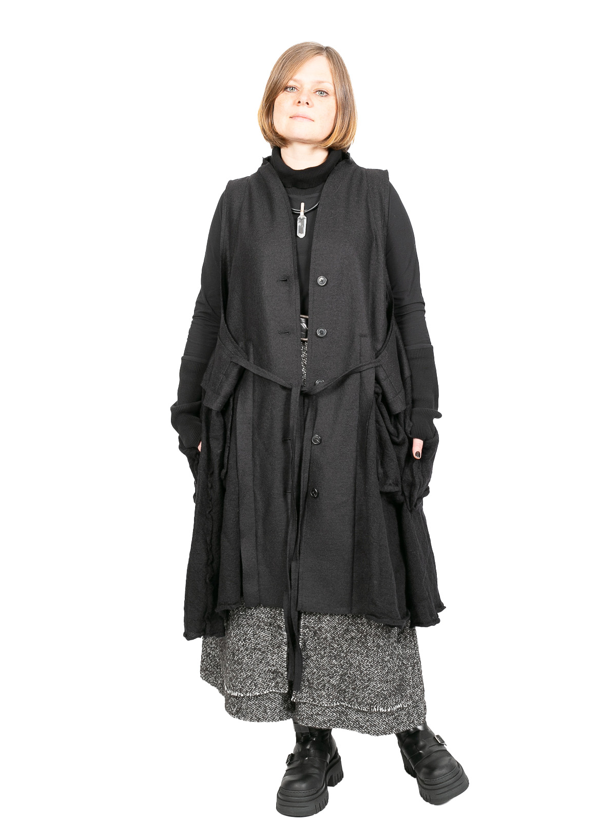 Rundholz Black Label - Long vest to tie boiled wool + felt Oversize Black - 2243881004 Rundholz Black Label - Long vest to tie boiled wool + felt Oversize Black - 2243881004