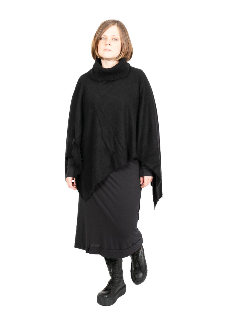 Rundholz DIP - Poncho with turtleneck and fringed edges Merino wool Black - 2242337712