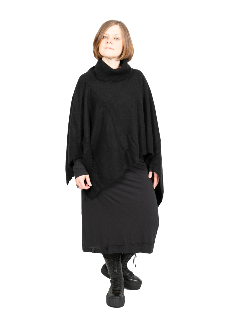 Rundholz DIP - Poncho with turtleneck and fringed edges Merino wool Black - 2242337712