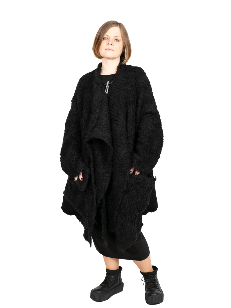 Rundholz - Kuscheliger Mantel mit großen Taschen und Kragen Schleife Oversize Black - 2241387209