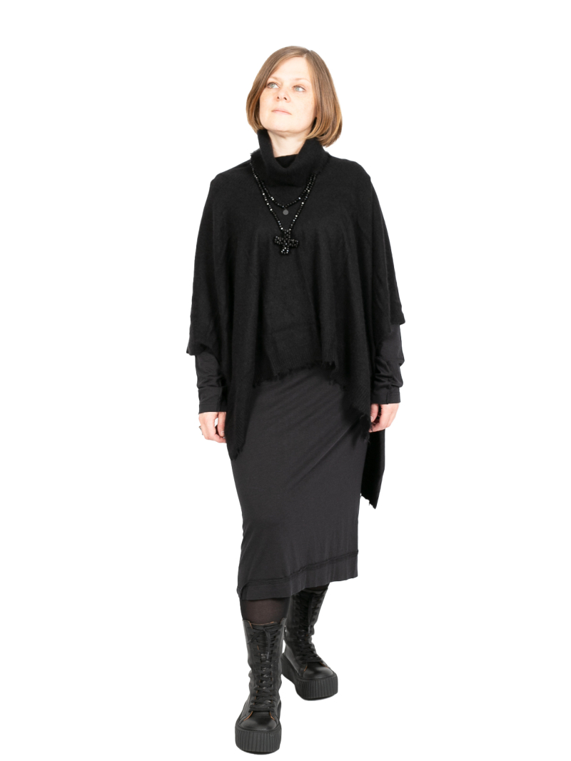 Rundholz DIP - Poncho with turtleneck and fringed edges Merino wool Black - 2242337712