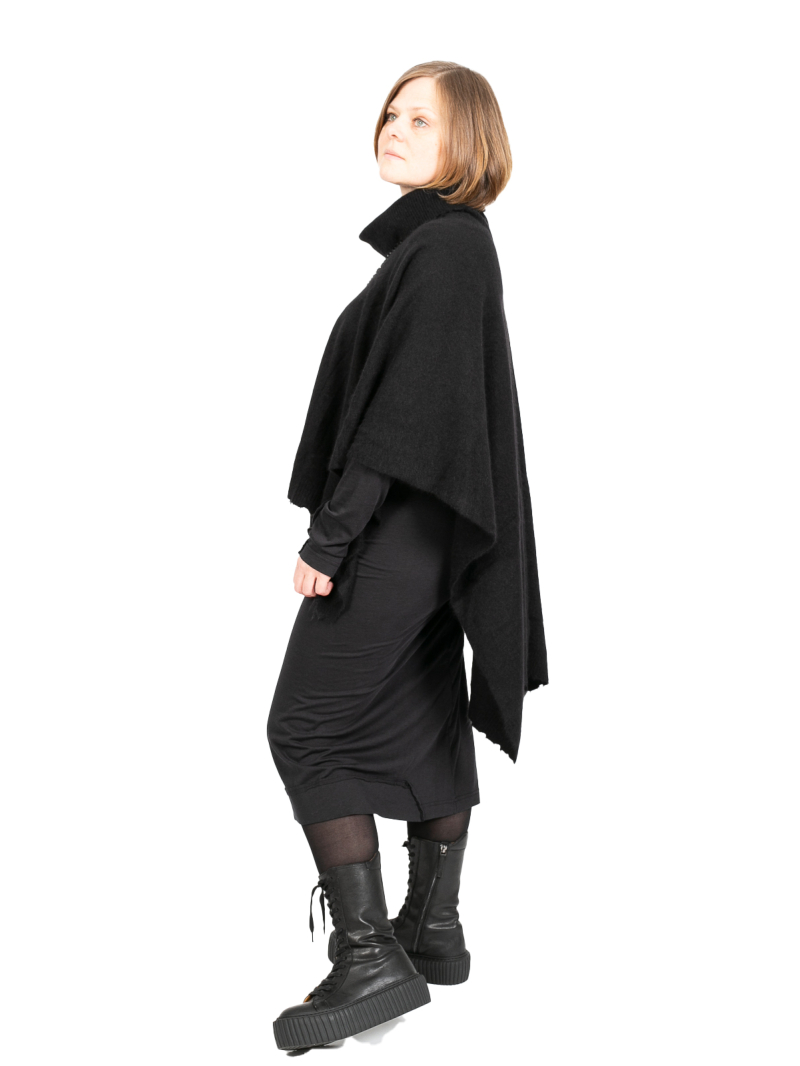 Rundholz DIP - Poncho with turtleneck and fringed edges Merino wool Black - 2242337712
