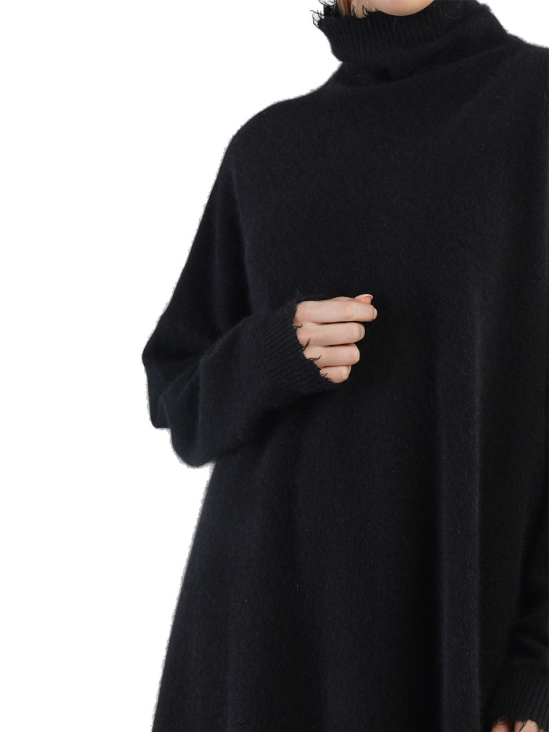 Rundholz DIP - Knitted tunic with turtleneck and fringed edges Merino wool Black - 2242330709