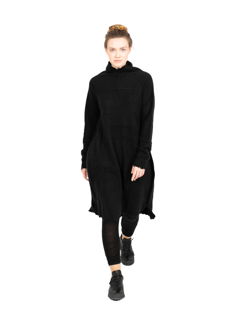 Rundholz DIP - Knitted dress with stand-up collar and fringed edges Merino wool Black - 2242337305