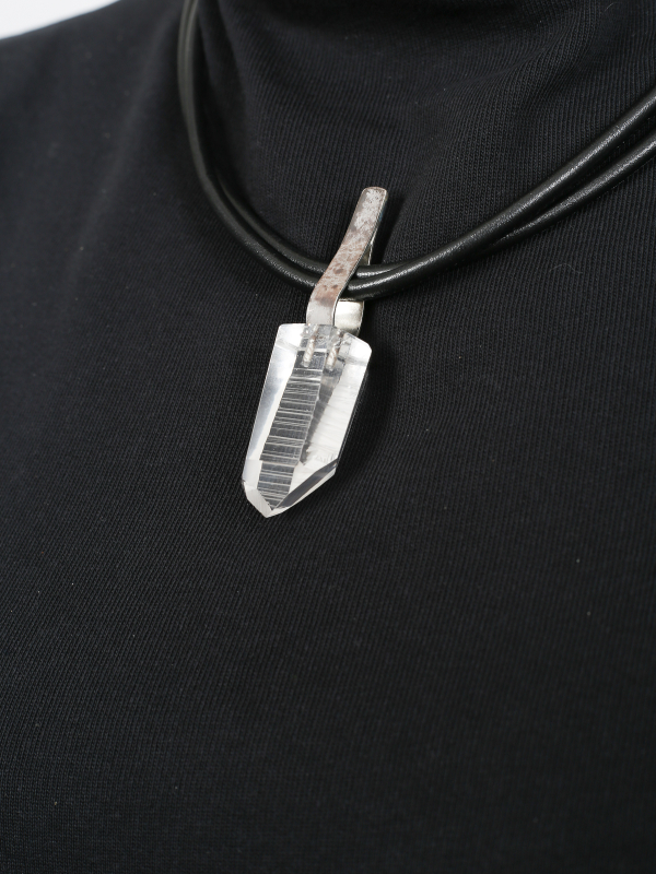 Darkgem - Rock crystal pendant with silver mount on double leather strap III - HAPPYMAKER - White - 10-8183-1-iii