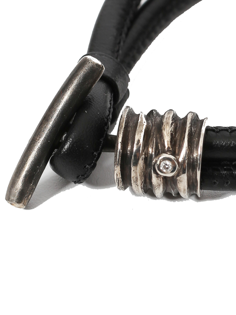 Darkgem - Leather bracelet with silver link with diamond - Metalpleats - Black - 7-8543-1