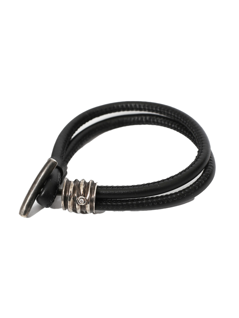 Darkgem - Leather bracelet with silver link with diamond - Metalpleats - Black - 7-8543-1