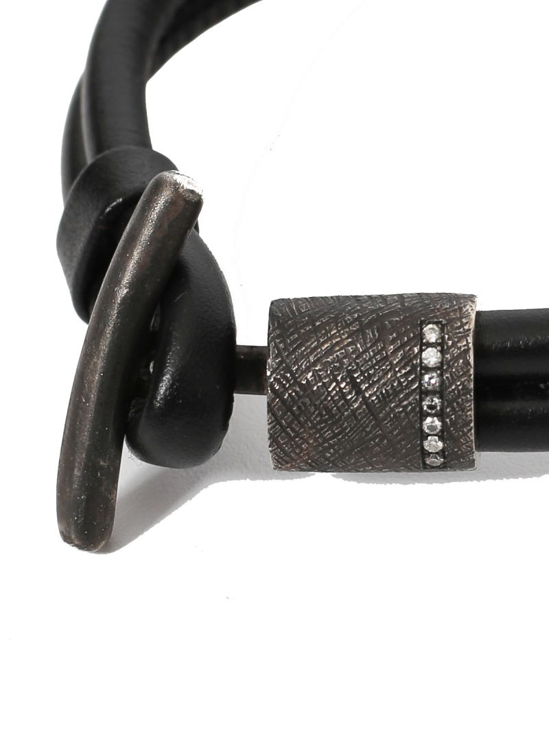 Darkgem - Leather bracelet with silver link with 7 diamonds - Rockit - Black - 7-8416-1