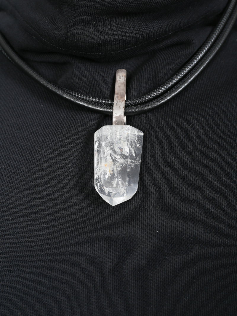Darkgem - Rock crystal pendant with silver mount on double leather strap II - HAPPYMAKER - White - 10-8183-1-ii
