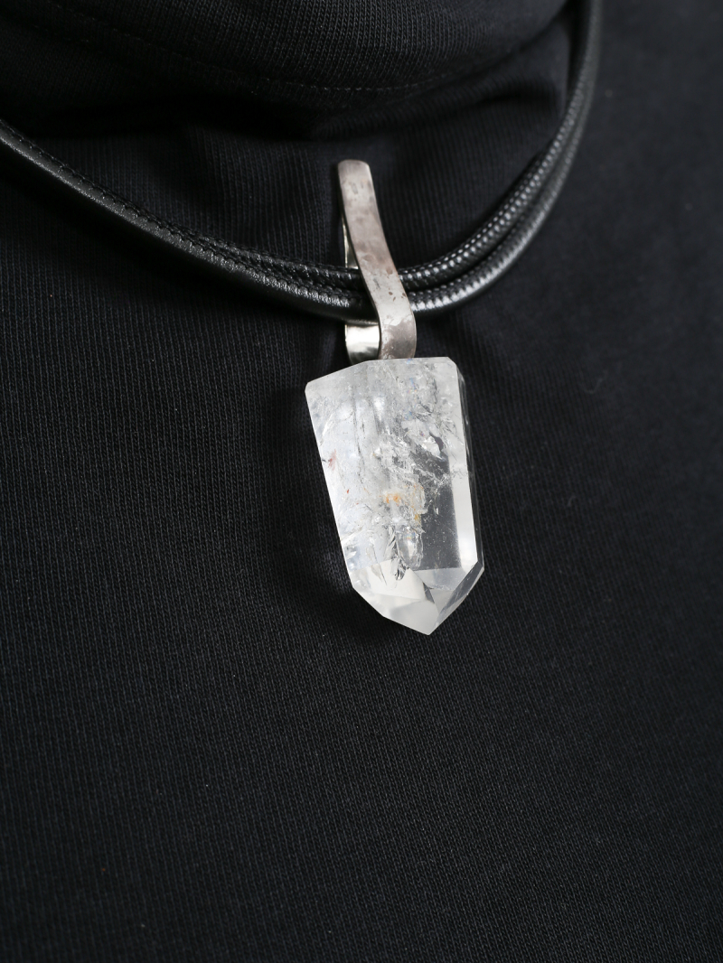 Darkgem - Rock crystal pendant with silver mount on double leather strap II - HAPPYMAKER - White - 10-8183-1-ii