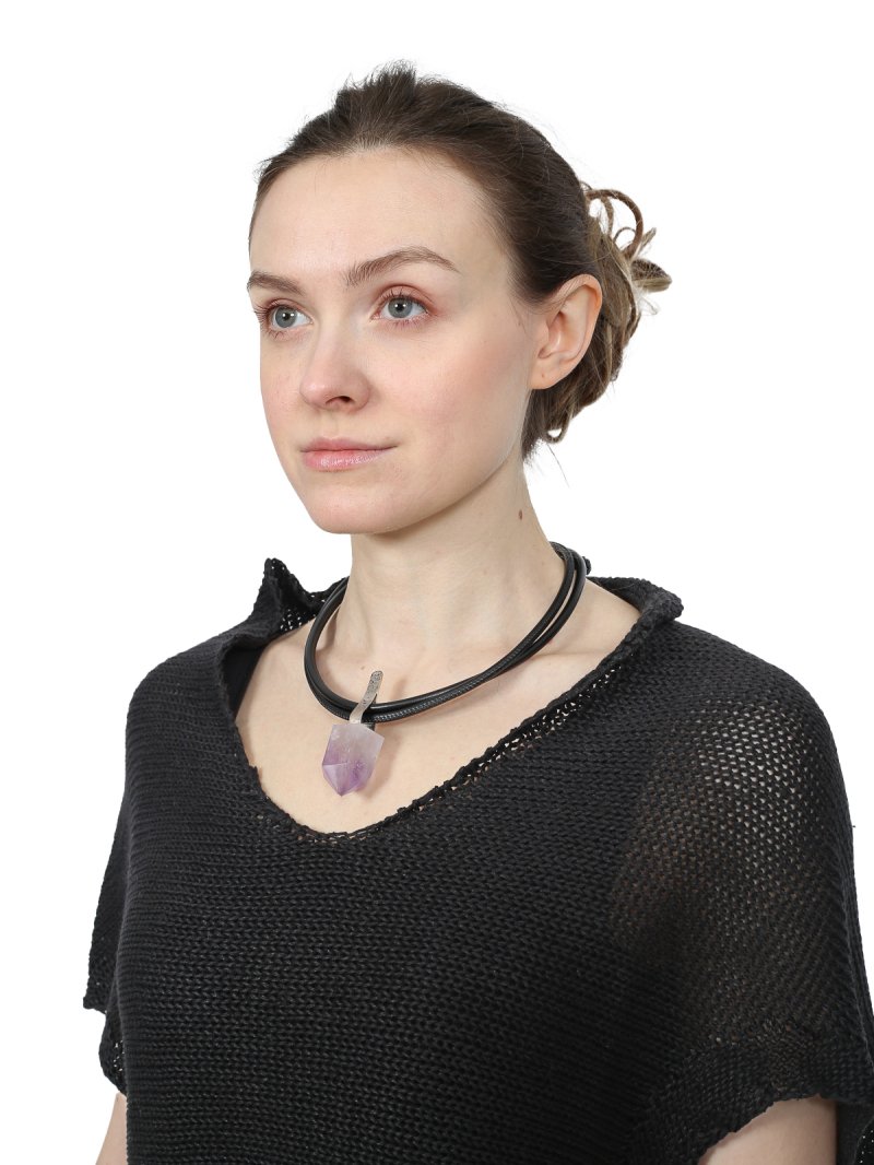 Darkgem - Amethyst pendant with silver link on double leather strap - HAPPYMAKER - Pink - 10-8188-1