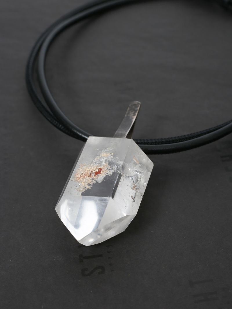 Darkgem - Rock crystal pendant with silver mount on double leather strap I - HAPPYMAKER - White - 10-8183-1-i