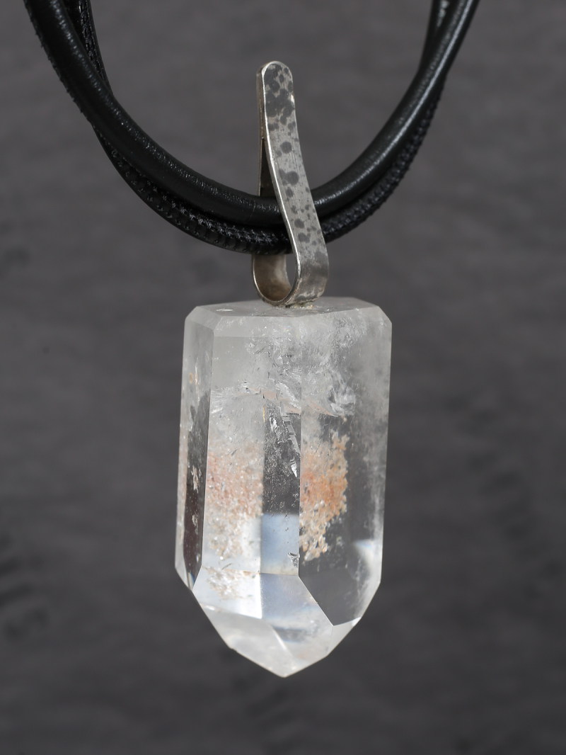 Darkgem - Rock crystal pendant with silver mount on double leather strap I - HAPPYMAKER - White - 10-8183-1-i