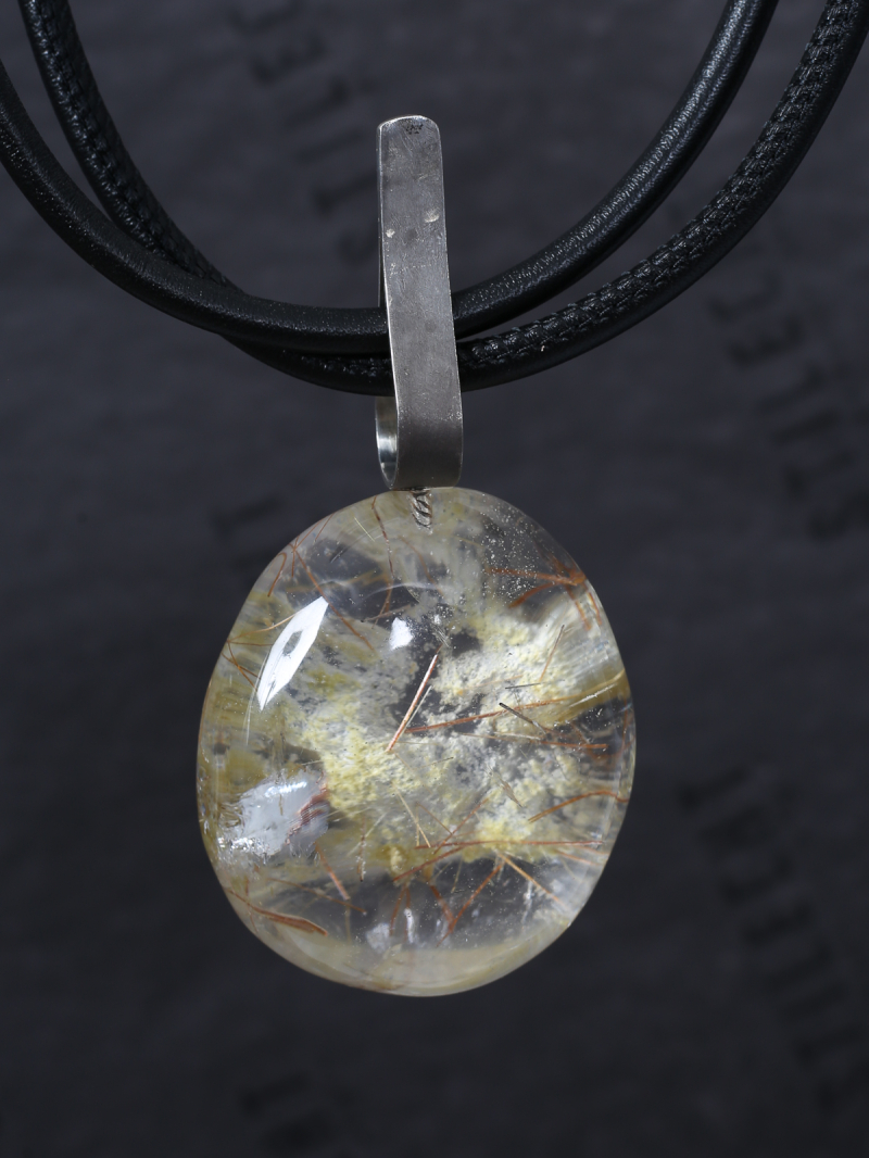 Darkgem - Routil quartz pendant with silver mount on double leather strap - Yellow - 10-8260-1