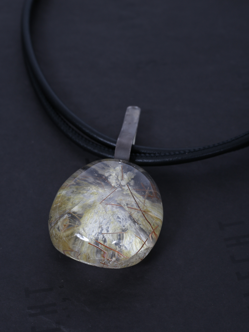 Darkgem - Routil quartz pendant with silver mount on double leather strap - Yellow - 10-8260-1