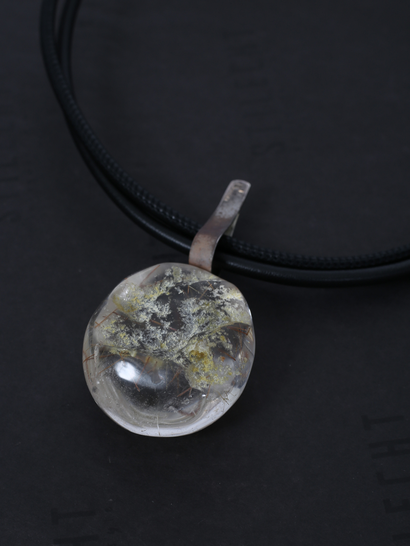 Darkgem - Routil quartz pendant with silver mount on double leather strap - Yellow - 10-8260-1