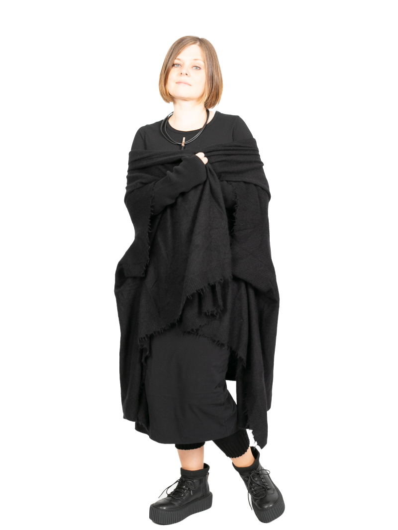 Rundholz DIP - Strickweste Riesenschal mit fransigen Abschlüssen Oversize Merino Wolle Black - 2242337713