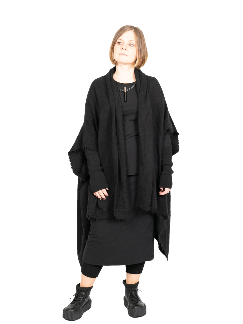 Rundholz DIP - Strickweste Riesenschal mit fransigen Abschlüssen Oversize Merino Wolle Black - 2242337713