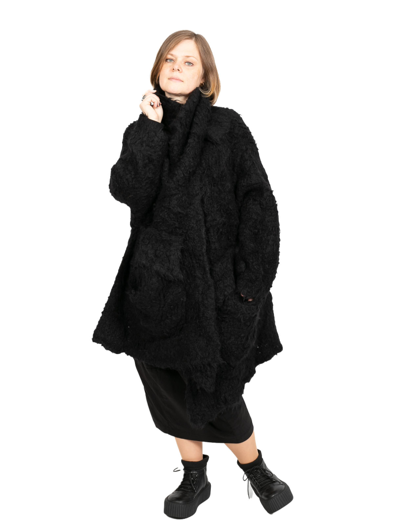 Rundholz - Kuscheliger Mantel mit großen Taschen und Kragen Schleife Oversize Black - 2241387209