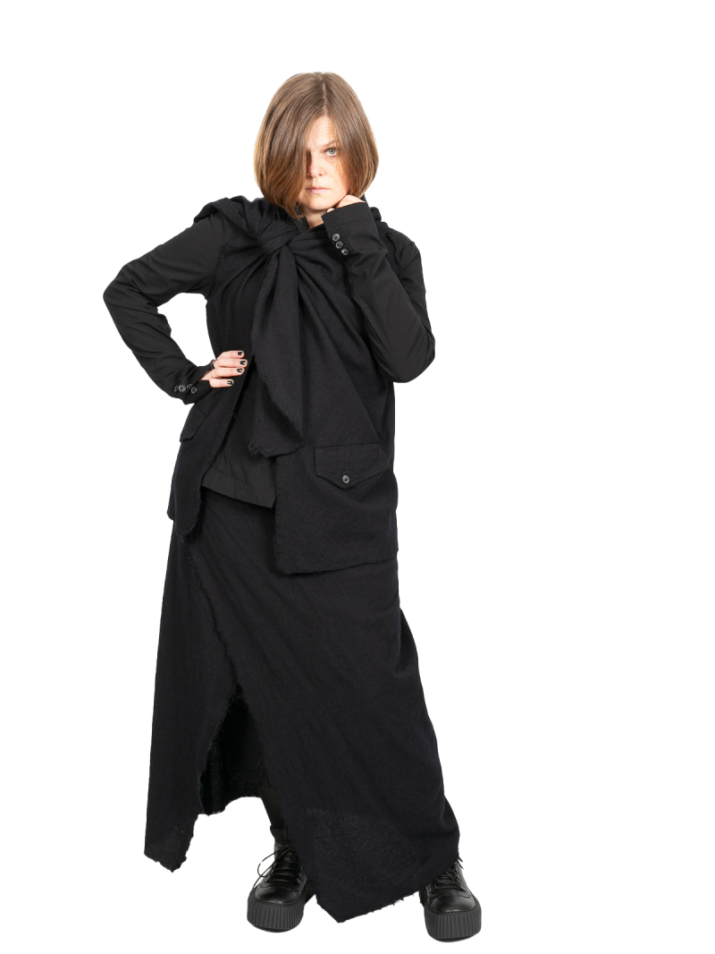 Rundholz - Waisted jacket with vest to tie felted wool fabric black - 2241011125