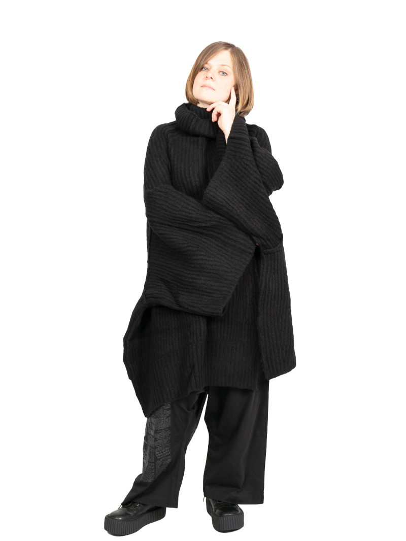 Rundholz DIP - Grobstrick Rollkragenpullover mit weiten Ärmeln Wolle Oversize black Black Melange - 2242447002