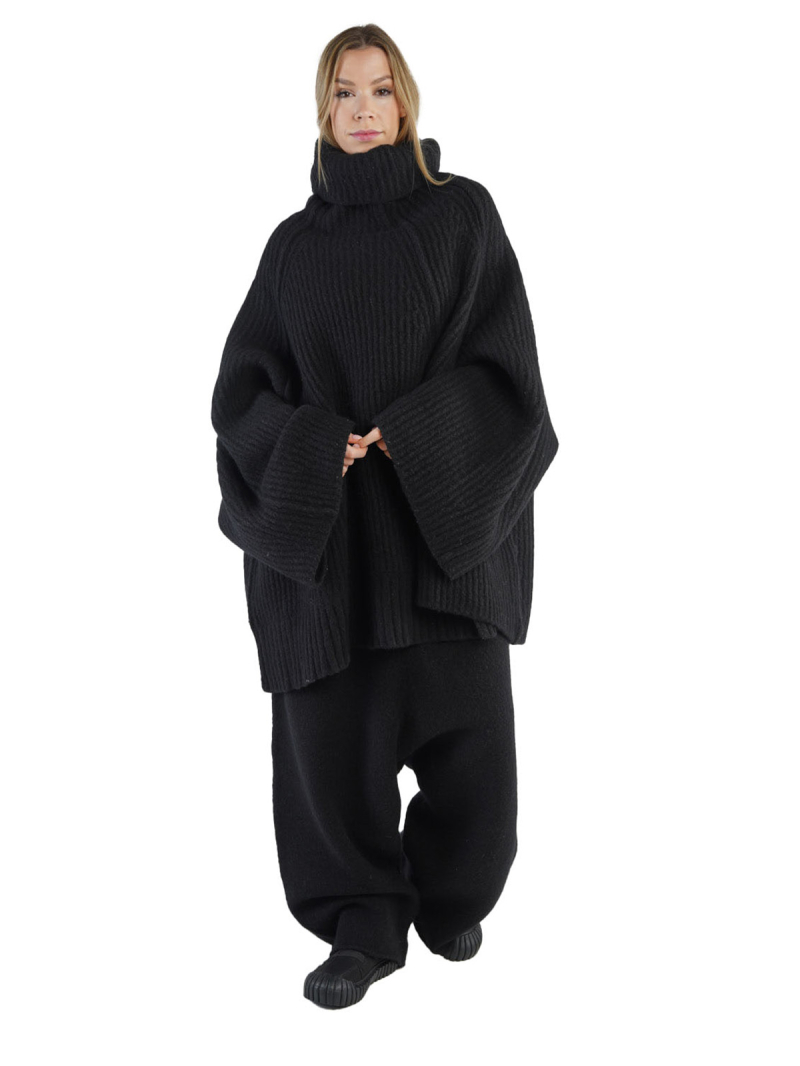 Rundholz DIP - Grobstrick Rollkragenpullover mit weiten Ärmeln Wolle Oversize black Black Melange - 2242447002
