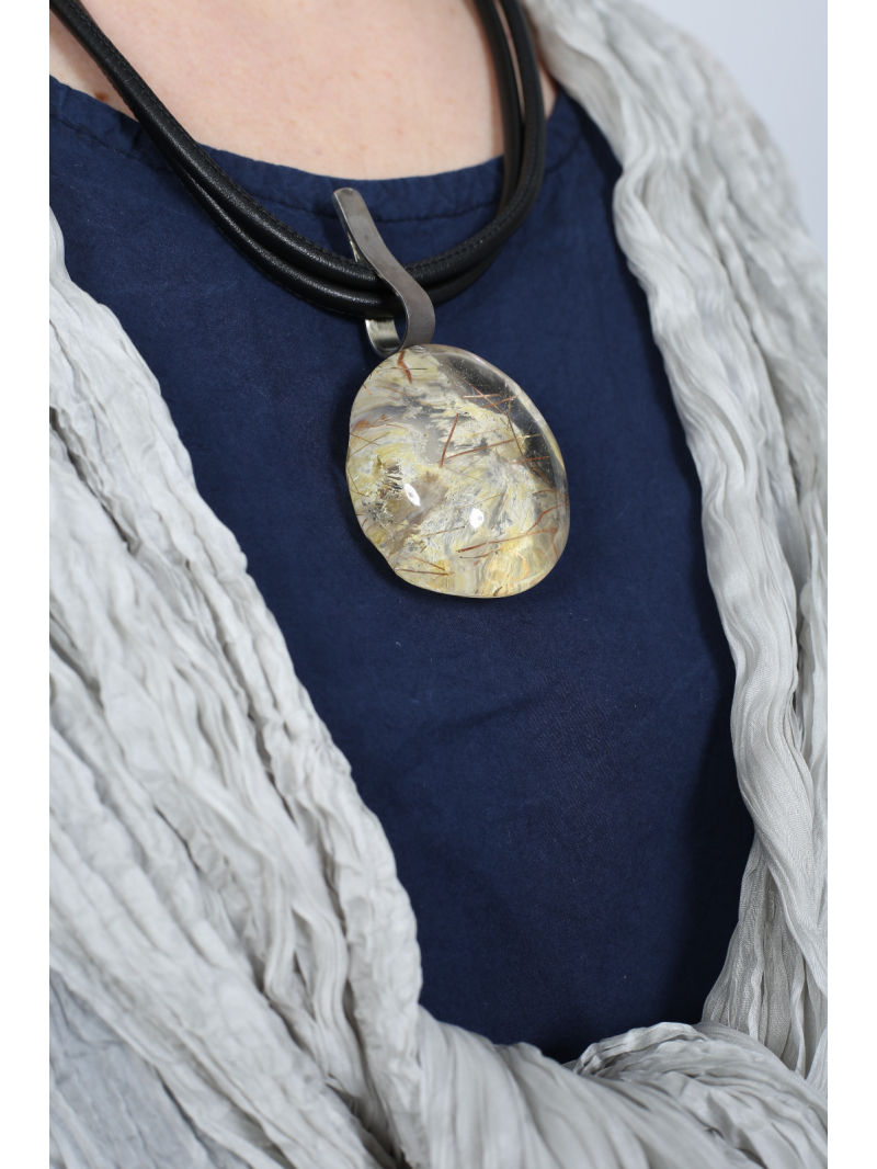 Darkgem - Routil quartz pendant with silver mount on double leather strap - Yellow - 10-8260-1